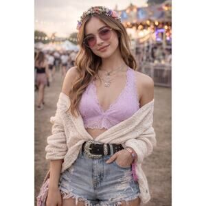 Victoria’s Secret PINK Lace Bralette Lilac Racerback Floral Size L Coquette